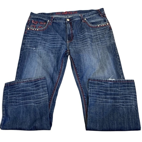 Pepe Jeans London Dark Wash Relaxed Jeans Jewel Studded Cross Grunge Worn 44x33 - Picture 16 of 16